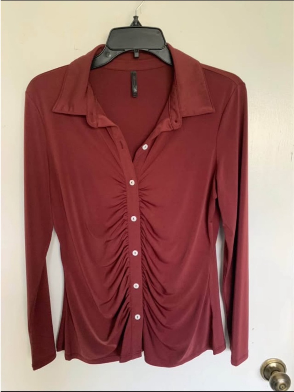 New Ruched Button-Front Long Sleeve Blouse - Wine